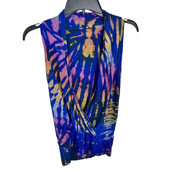 Sleeveless Tie Dye Womens Top Multicolor Blue Tank V Neck Bohemian Small Soft - Picture 1 of 5